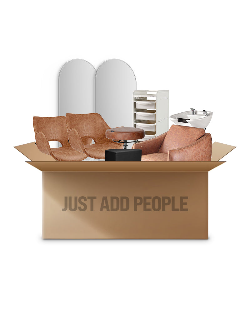 Kit de démarrage coiffeur tan blanc - avec 2 places clients, 1 place lavage et équipement